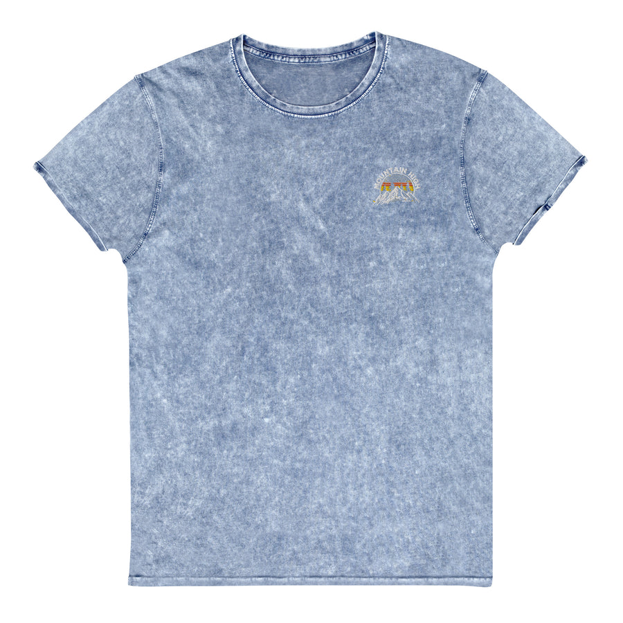 Mountain High Embroidered Denim Wash T-Shirt. Unisex